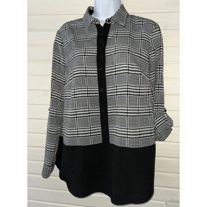 Talbots Sz PETITES MEDIUM PM Black White Glen Plaid Roll Tab Sleeve Blouse EUC